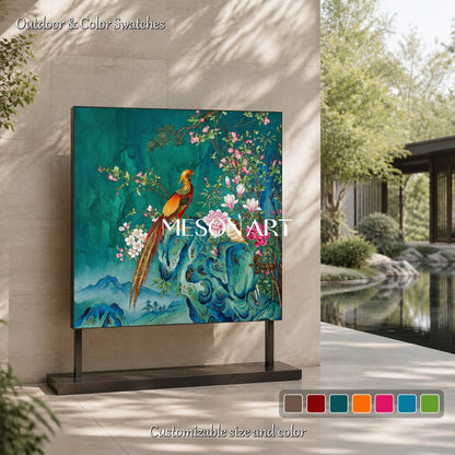 Green And Pink Gongbi Bird And Blossom Painting Square Wall Art Original Artist Hand Painted By Mesonart