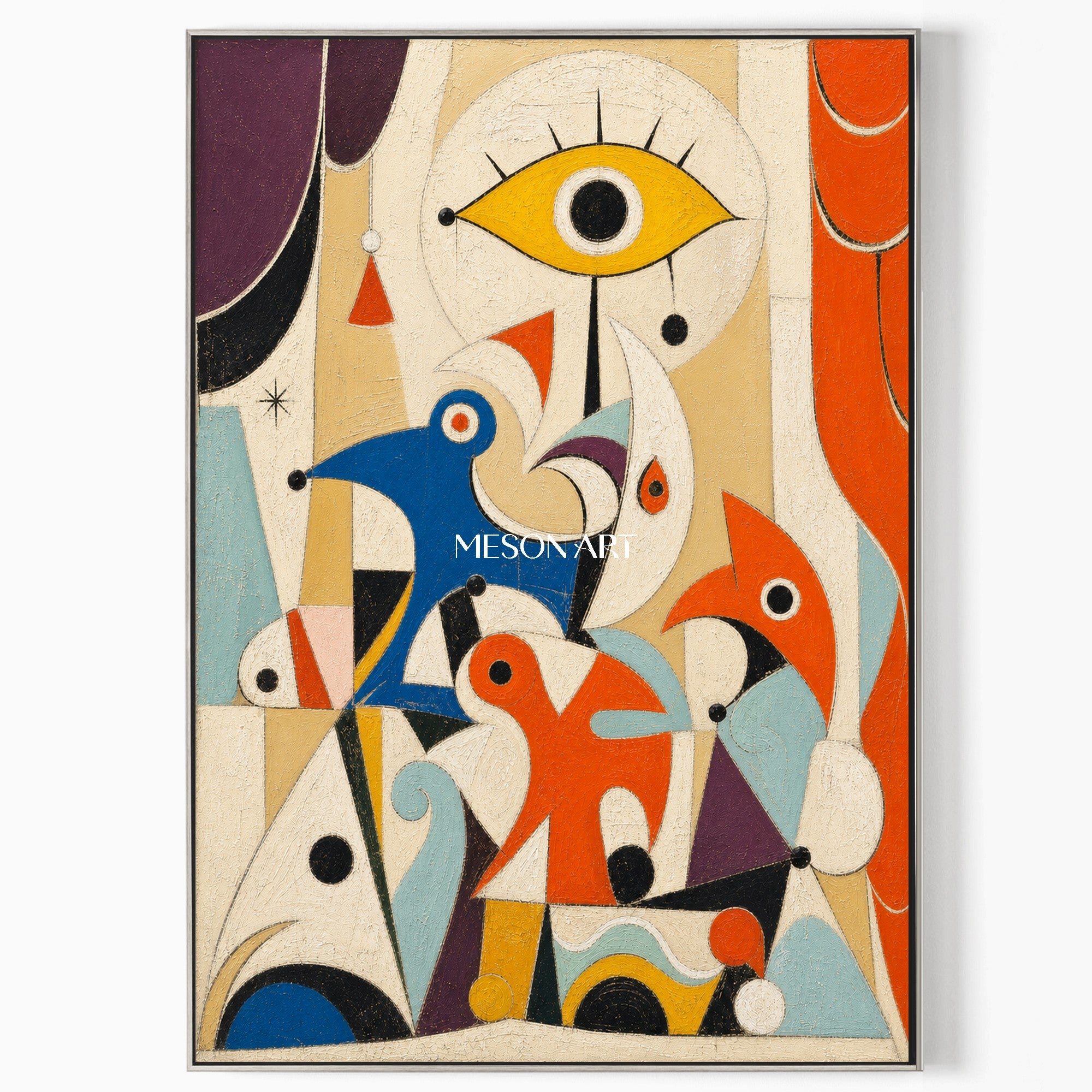 Surrealist Abstract Art Painting With Birds And Eye For Creative Kids Room Decor
