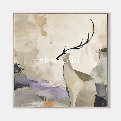 Minimalist Deer Abstract Canvas Art With Textured Beige Grey Tones For Living Room Bedroom Decor