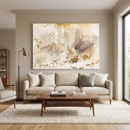 Luxury Gold Leaf Abstract Art With Cream Neutral Tones For Modern Living Room Decor