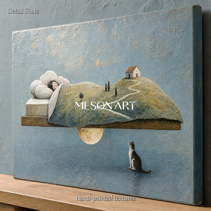Minimalist Surreal Dream Painting For Serene Bedroom Living Space With Soft Blue Earth Tones