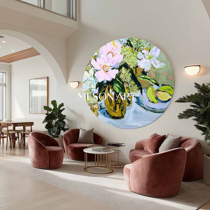 Round Floral Still Life Oil Painting – Vase and Fruit in Impasto