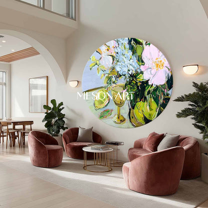 Round Floral Still Life Oil Painting – Vase and Fruit in Impasto