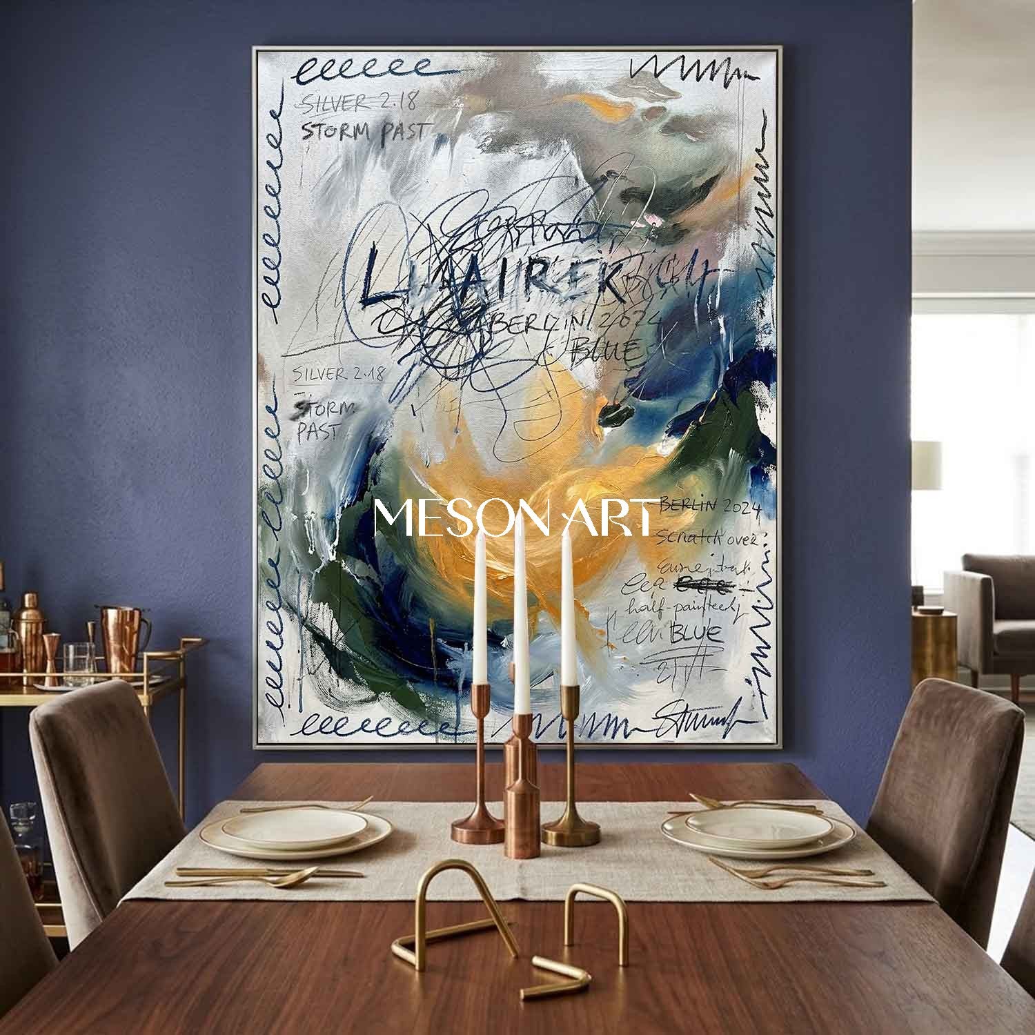 Large Abstract Oil Painting with Expressive Blue Gold Texture Office