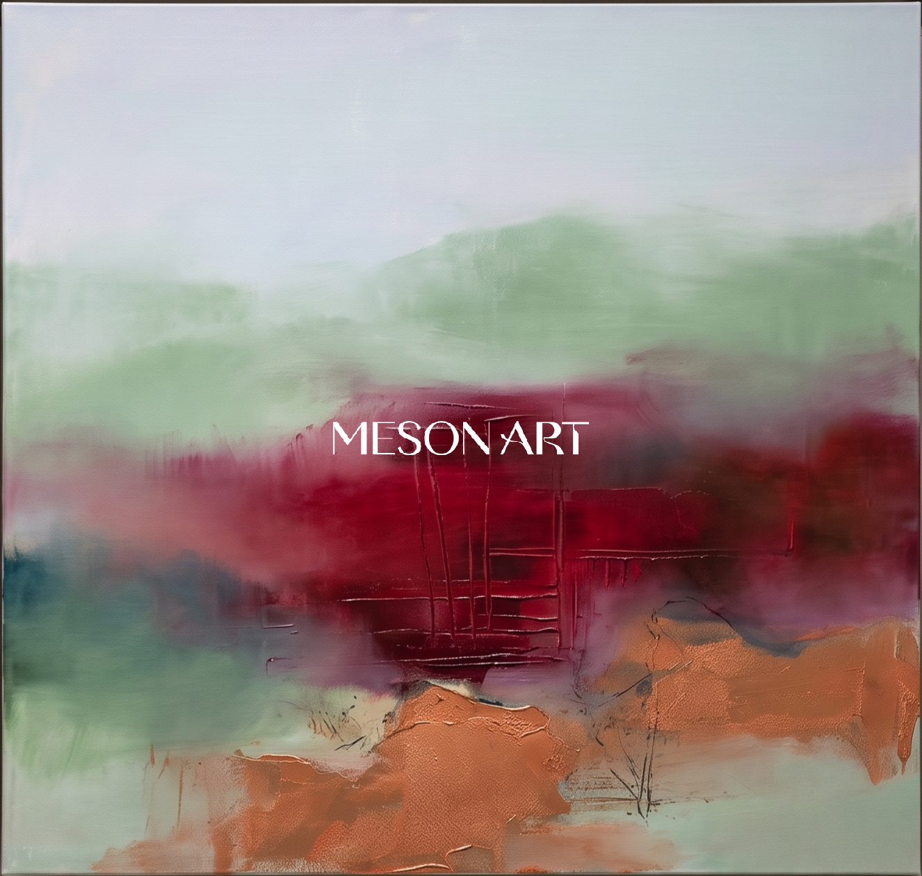 Green And Orange Abstract Landscape Painting Square Wall Art Modern Contemporary Original Artist By Mesonart