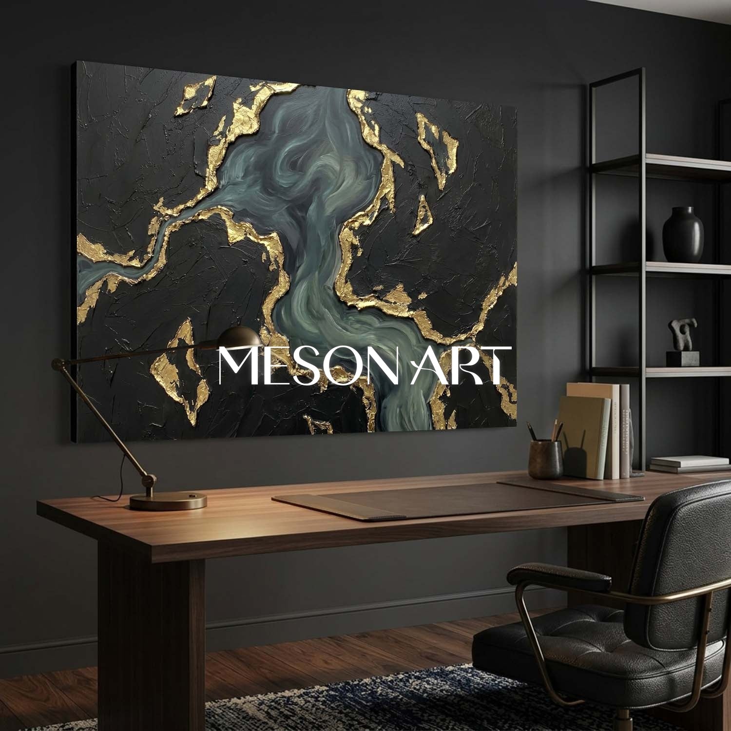Gilded Midnight Ocean Plaster Art With Gold Veins For Living Room And Executive Office Decor