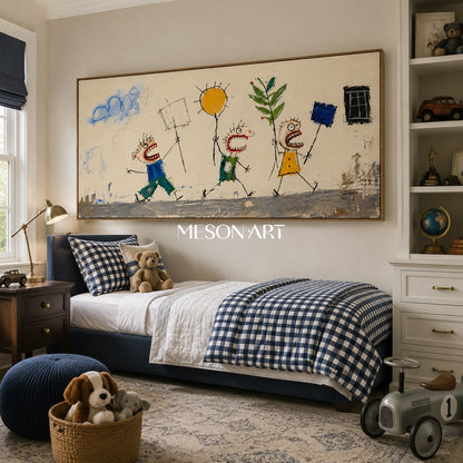 Whimsical Pop Art Painting With Bold Characters And Textured Impasto For Modern Living Room Decor