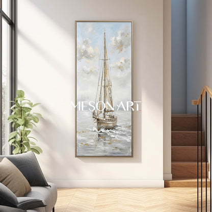 Minimalist Nautical Art Print Of Solitary Sailboat On Misty Sea For Modern Entryway Wall Decoration