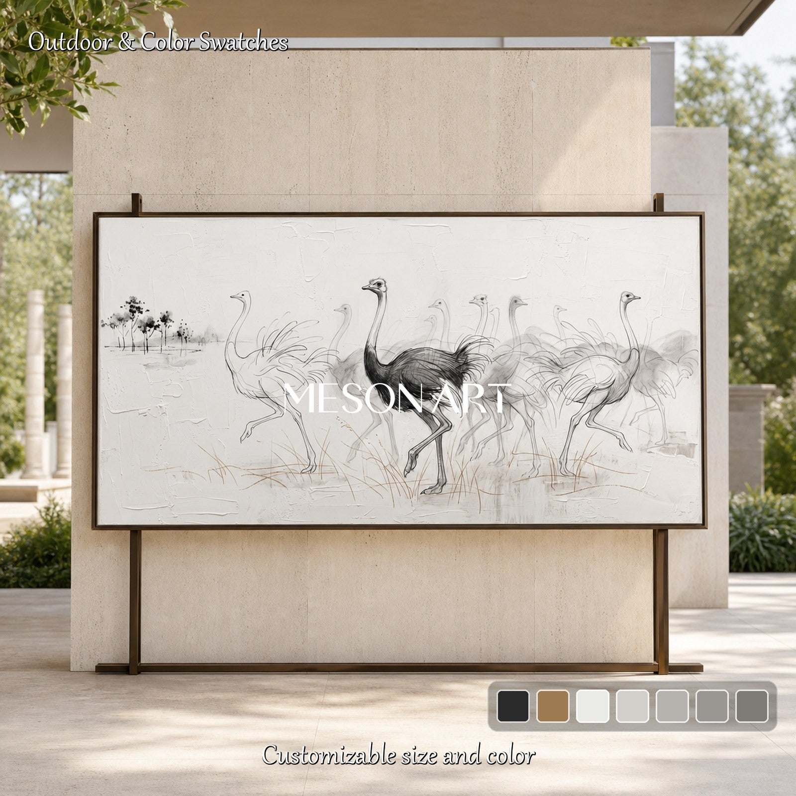 White And Black Ostrich Minimalist Painting Original Artist Panoramic Wall Art For Living Room By Mesonart