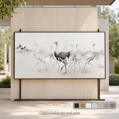 White And Black Ostrich Minimalist Painting Original Artist Panoramic Wall Art For Living Room By Mesonart