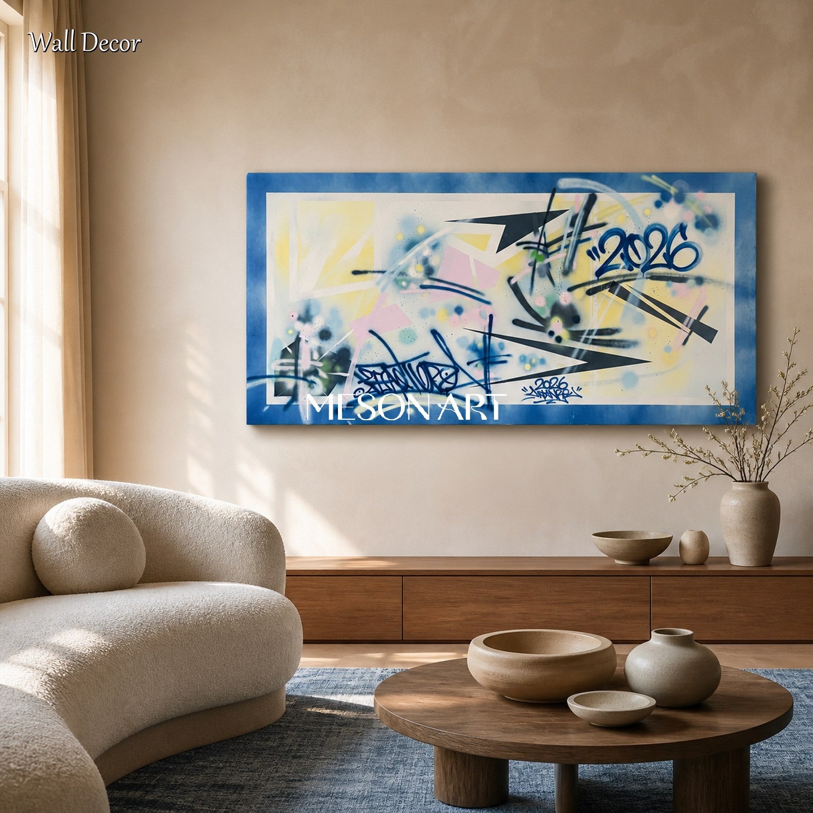 Blue And Yellow Graffiti Art Panoramic Wall Decor Original Artist Hand Painted By Mesonart