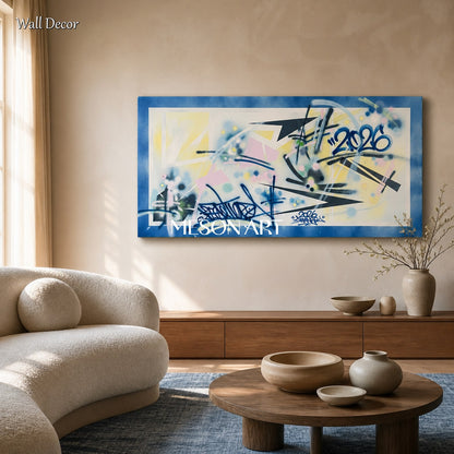 Blue And Yellow Graffiti Art Panoramic Wall Decor Original Artist Hand Painted By Mesonart