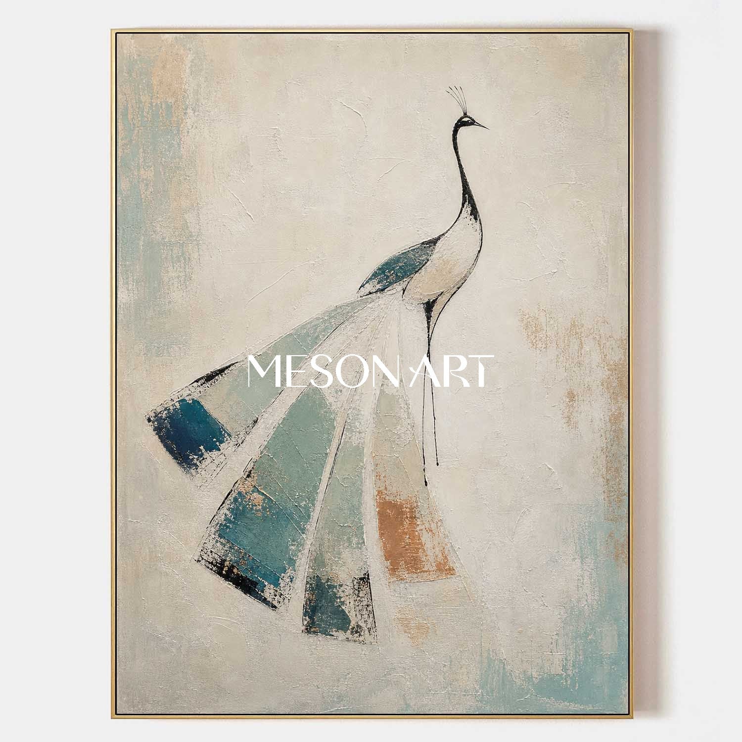 Elegant Peacock Abstract Painting In Beige And Teal For Art Deco Interior Design