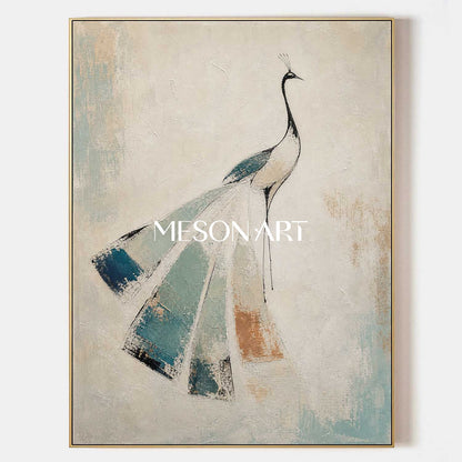 Elegant Peacock Abstract Painting In Beige And Teal For Art Deco Interior Design