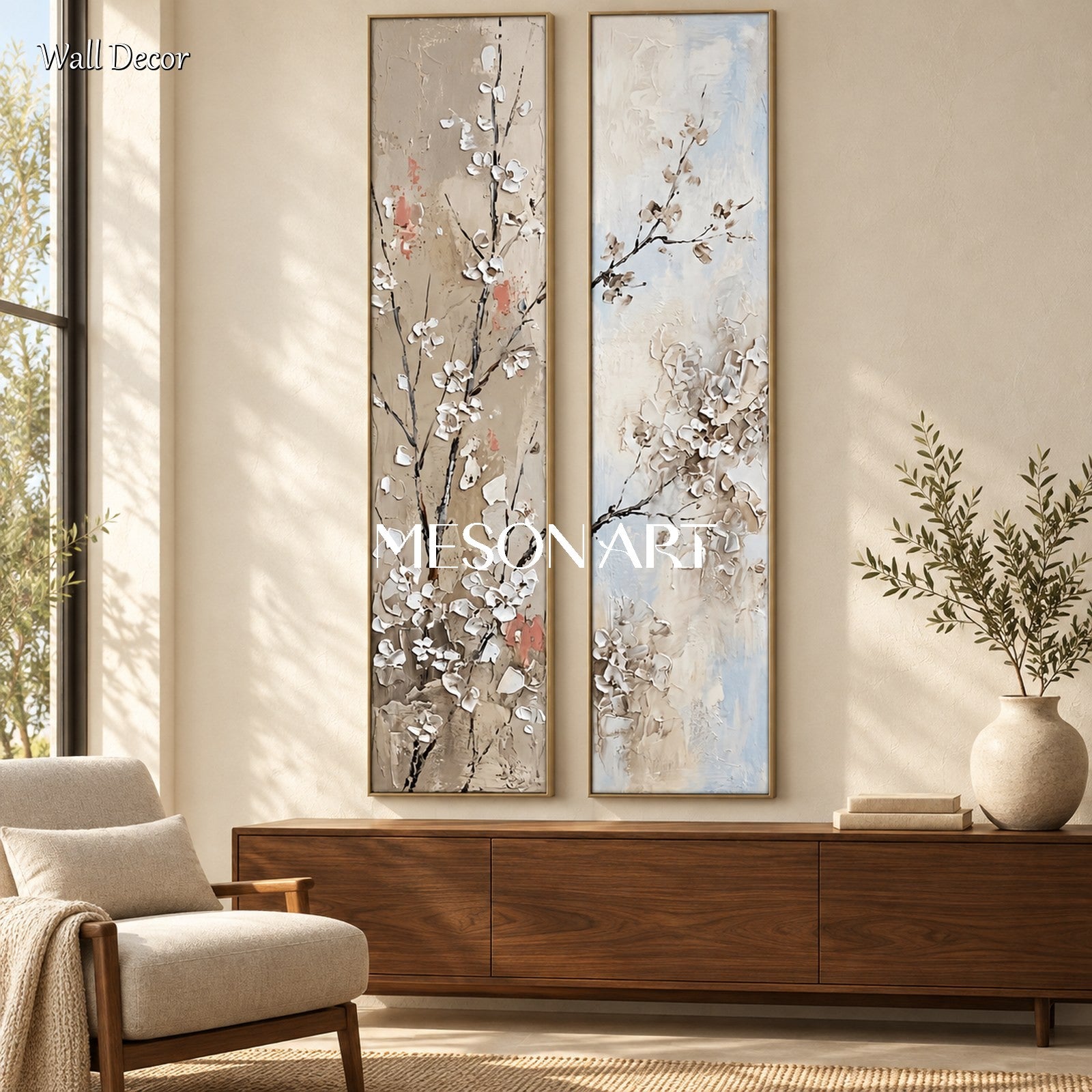 Beige And White Textured Sakura Flowers Rectangular Wall Art