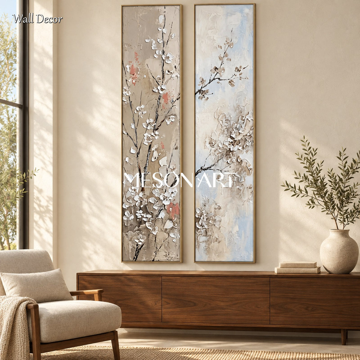Beige And White Textured Sakura Flowers Rectangular Wall Art Original Artist Hand Painted By Mesonart