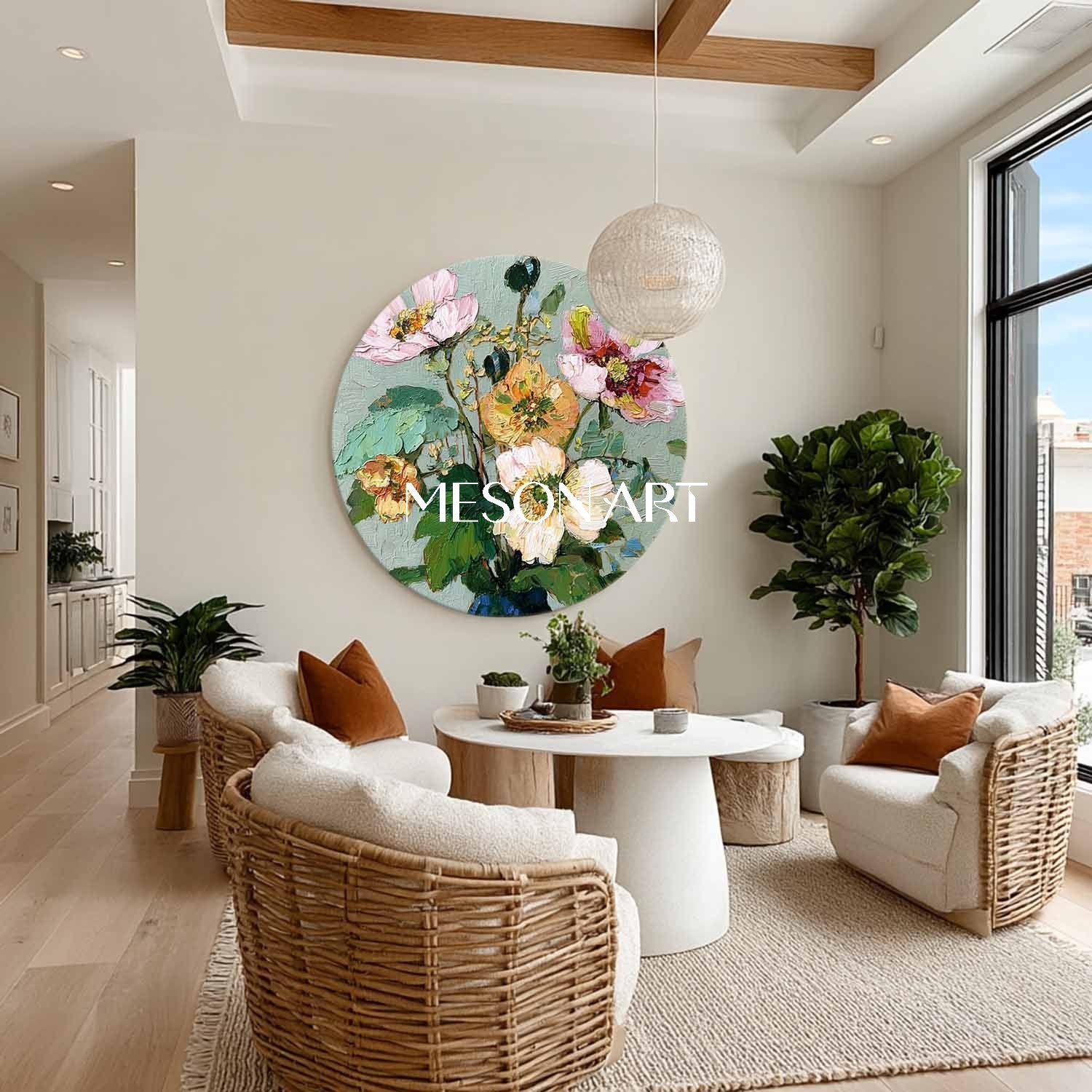 Textured Round Floral Oil Painting – Handcrafted Wall Decor