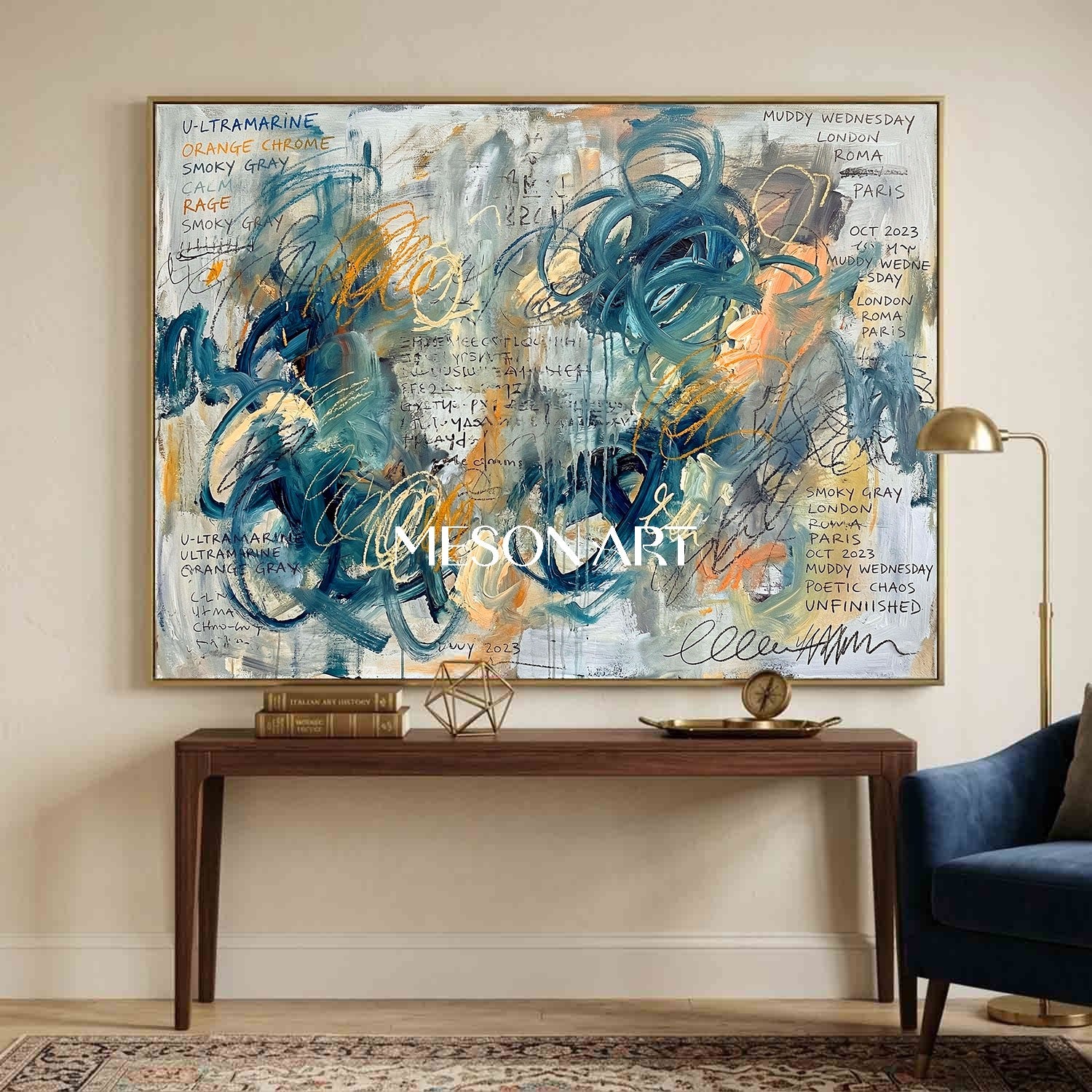 Original Framed Large Canvas Ultramarine Abstract Art For Living Room