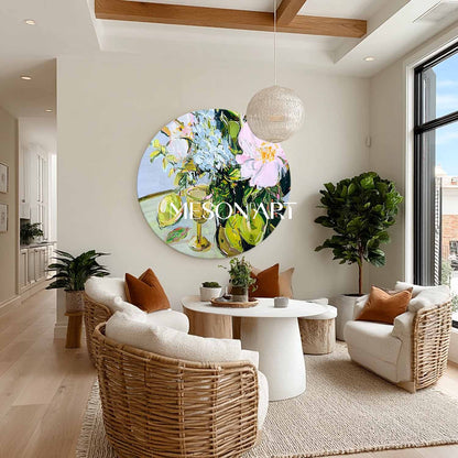 Round Floral Still Life Oil Painting – Vase and Fruit in Impasto