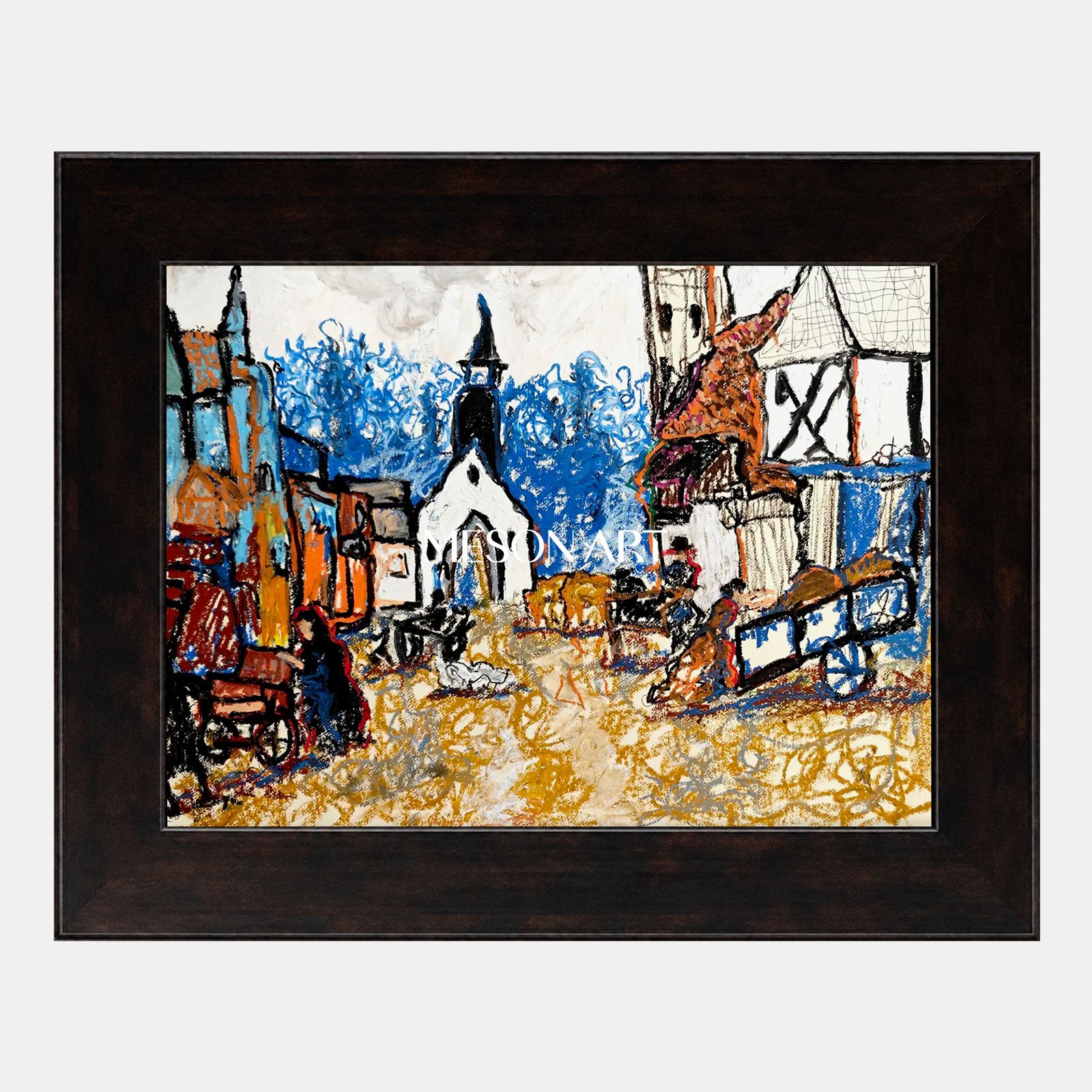Abstract Modern Landscape Painting With Blue And Ochre Tones For Living Room Decor
