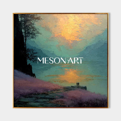 Textured Landscape Canvas – Romantic Sunset Lake Wall Art Decor