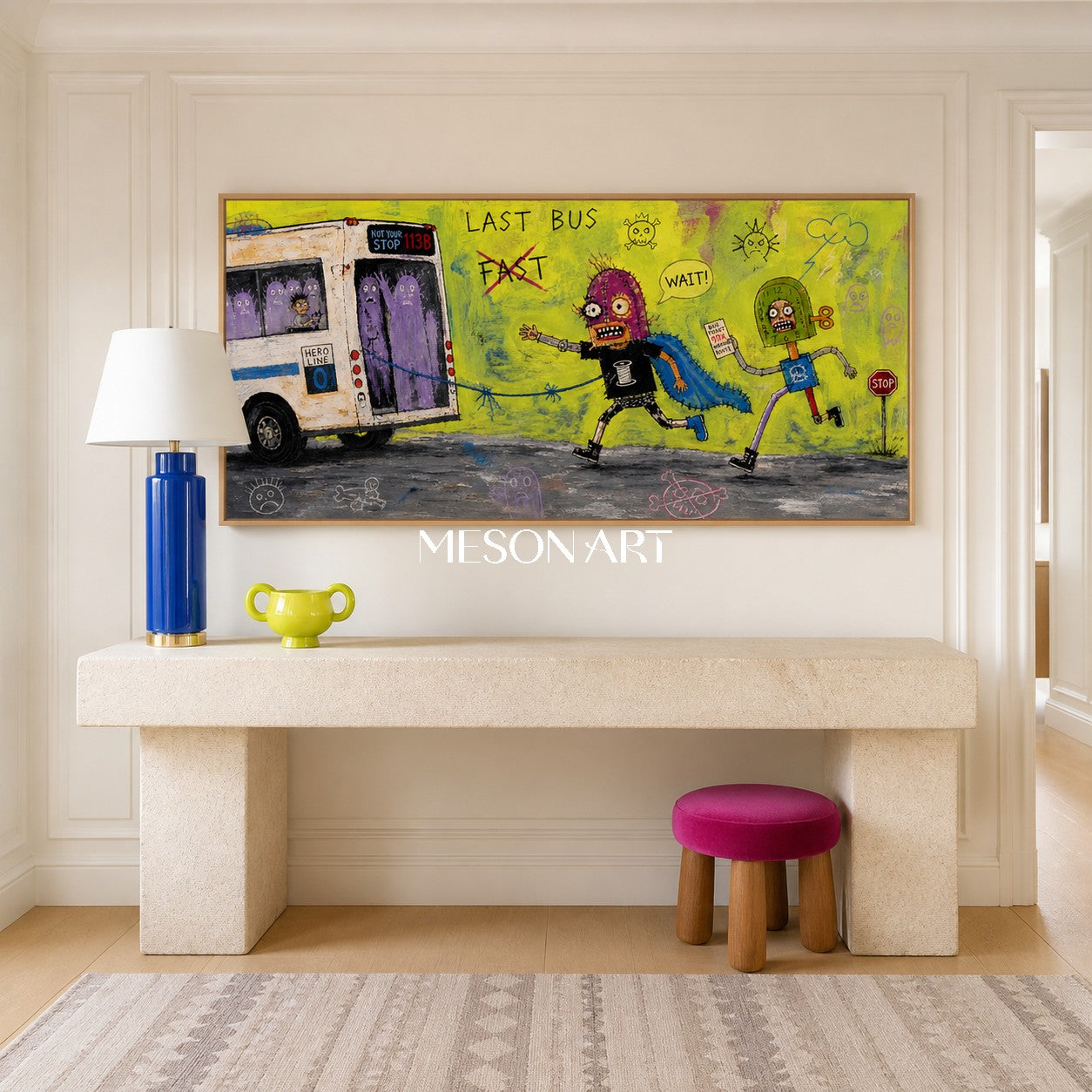 Green And Purple Graffiti Narrative Cartoon Bus Urban Textured Panoramic Wall Art Original Artist By Mesonart