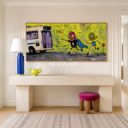 Green And Purple Graffiti Narrative Cartoon Bus Urban Textured Panoramic Wall Art Original Artist By Mesonart
