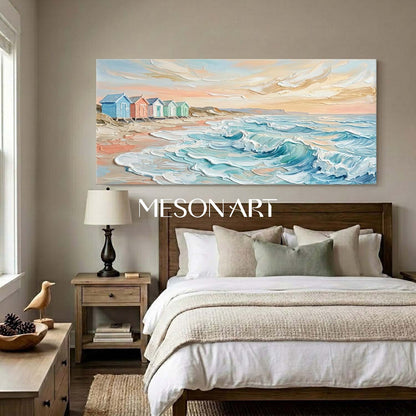 Dreamy Pastel Beach Cottages Seascape Oil Painting For Coastal Living Room Decor
