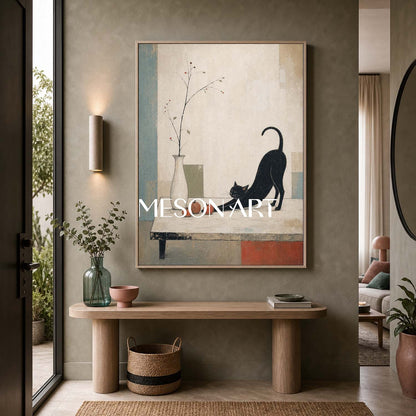 Minimalist Black Cat Painting With Autumn Fruits And Art Deco Background For Living Room Entryway Decor