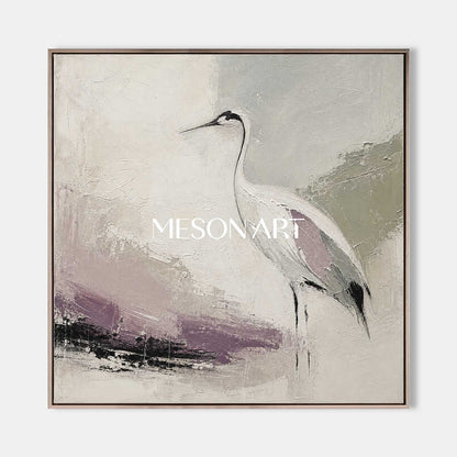 Minimalist Crane Oil Painting On Linen Canvas With Textured Brushwork For Living Room And Bedroom Decor
