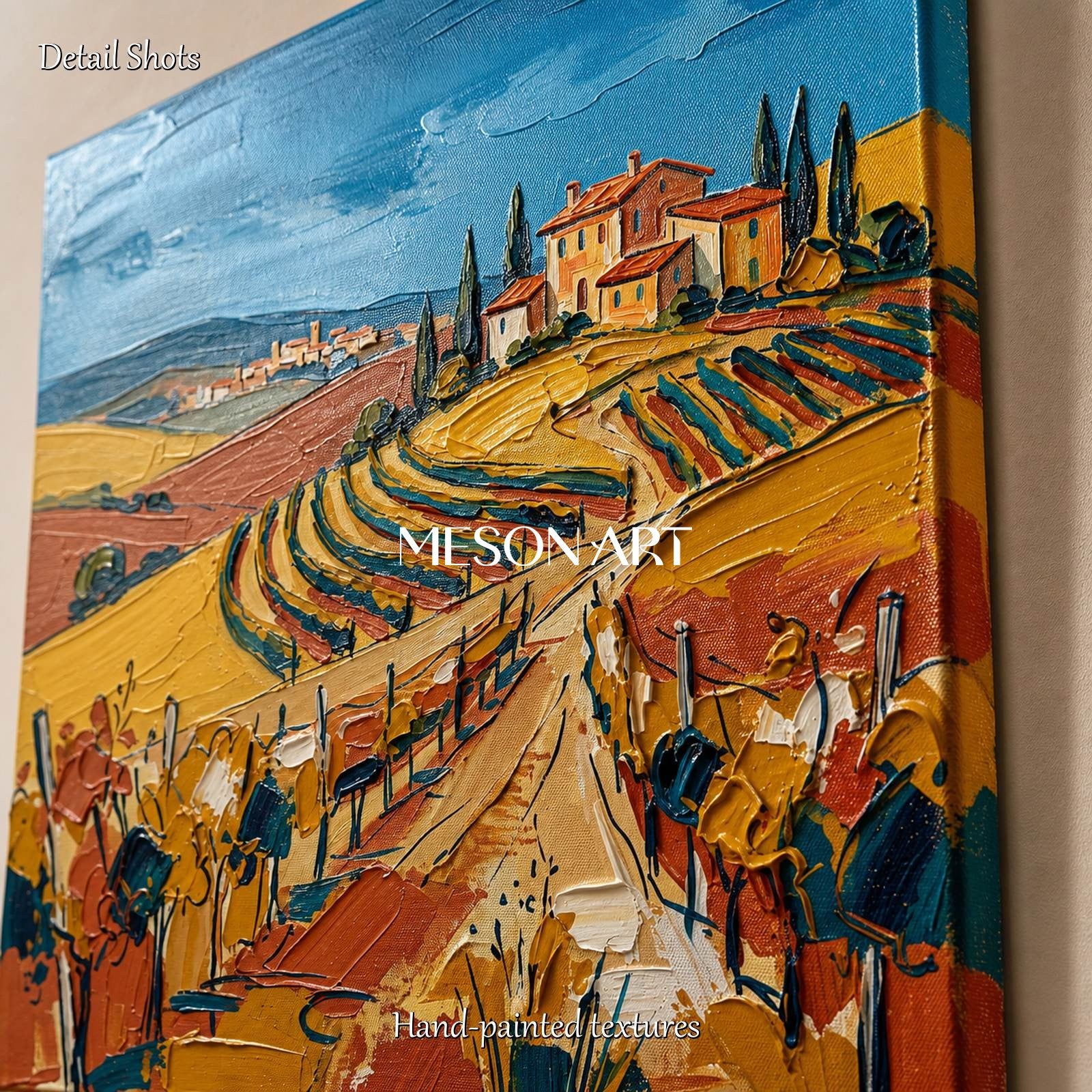 Blue And Gold Contemporary Figurative Vineyard Landscape Square Painting Original Art By Mesonart