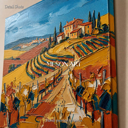 Blue And Gold Contemporary Figurative Vineyard Landscape Square Painting Original Art By Mesonart