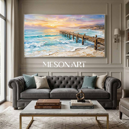 Luxury Coastal Seascape Painting With Impasto Texture For Modern Living Room Decor