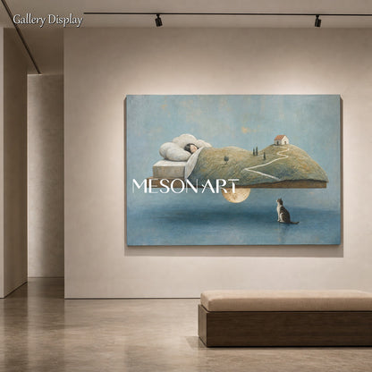 Minimalist Surreal Dream Painting For Serene Bedroom Living Space With Soft Blue Earth Tones