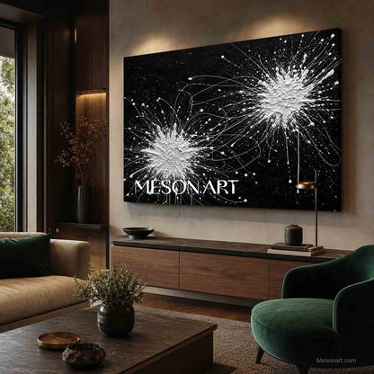 Original Black And White Pollock Style Abstract Painting With Textured Relief For Modern Living Room