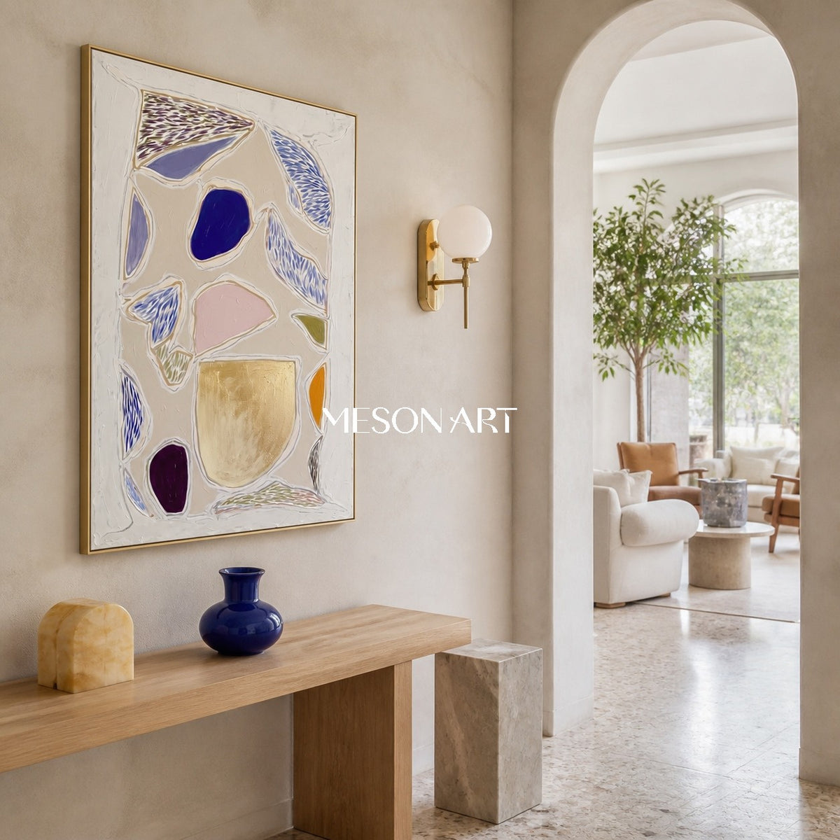 Beige And Blue Minimal Abstract Geometric Textured Rectangular Wall Art Original Artist By Mesonart