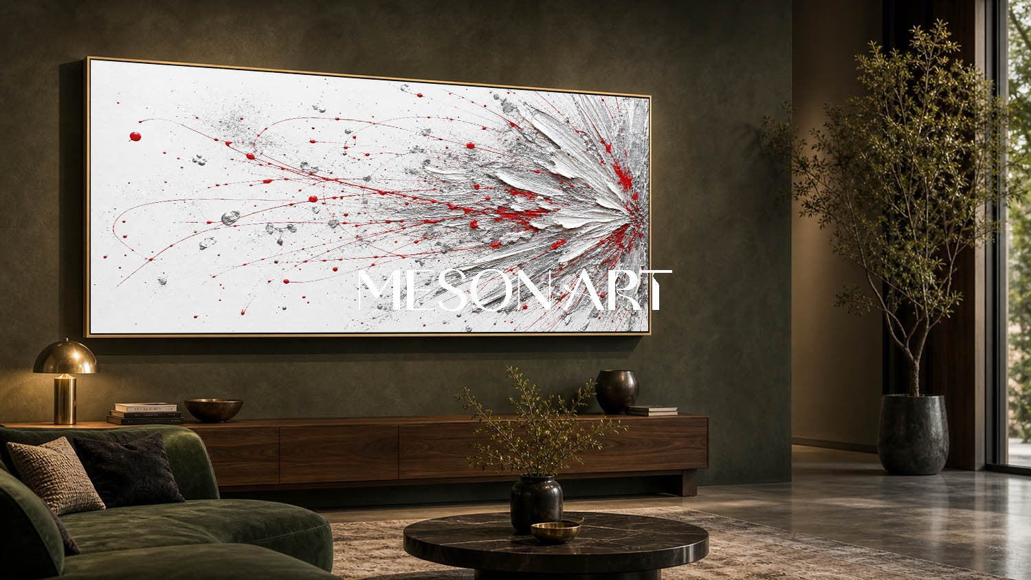 Bold Red And White Abstract Painting With Textured Relief For Modern Living Room Decor
