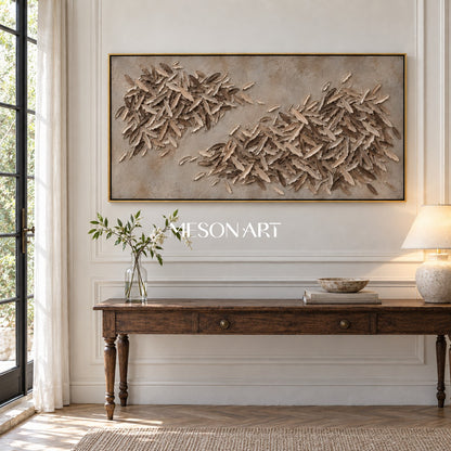 Beige And Brown Textured Abstract Art Minimalist Wabi Sabi Panoramic Wall Decor For Living Room By Mesonart