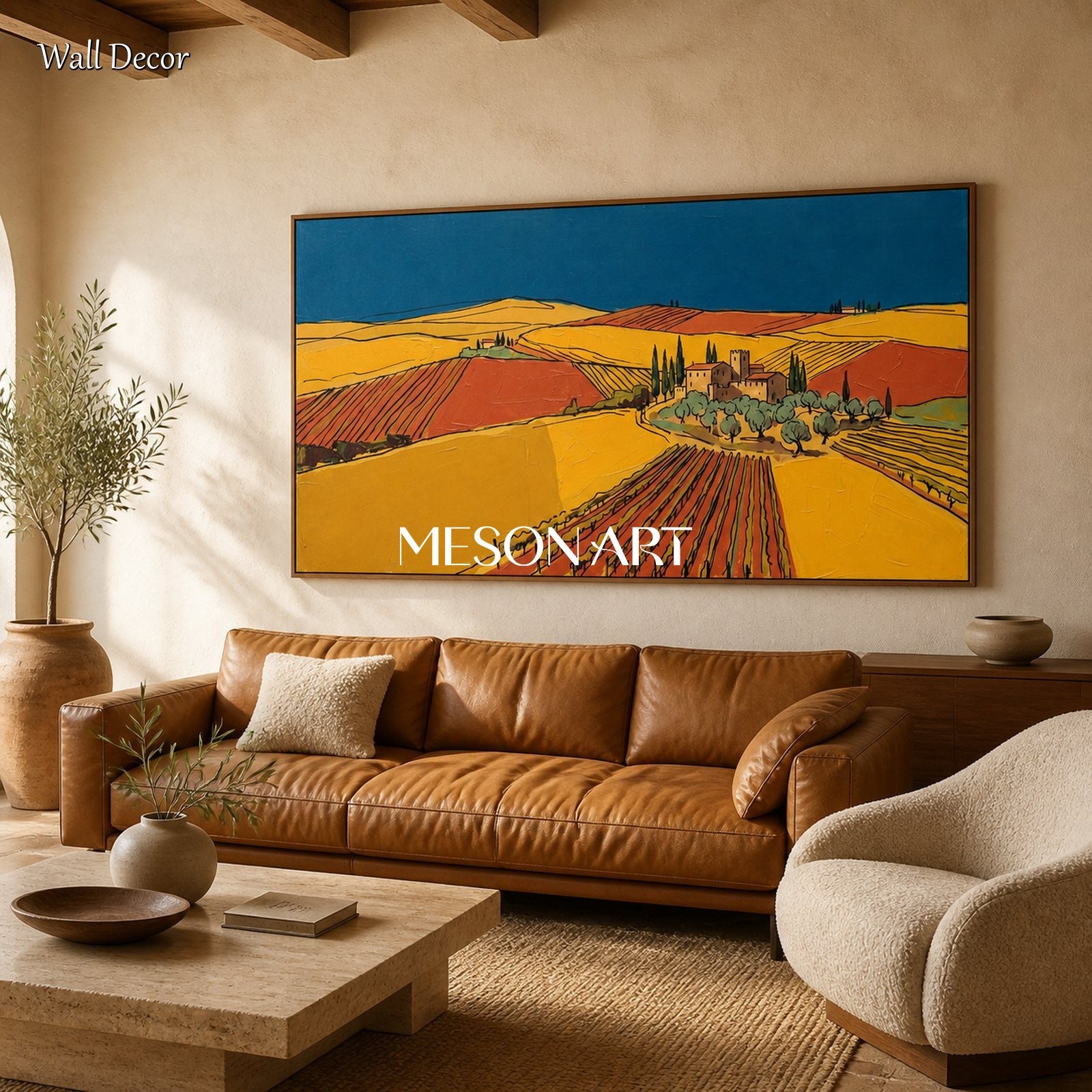 Yellow And Blue Vineyard Landscape Painting Contemporary Art Original Artist Panoramic Wall Decor For Dining Room By Mesonart