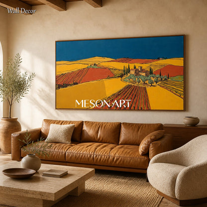 Yellow And Blue Vineyard Landscape Painting Contemporary Art Original Artist Panoramic Wall Decor For Dining Room By Mesonart