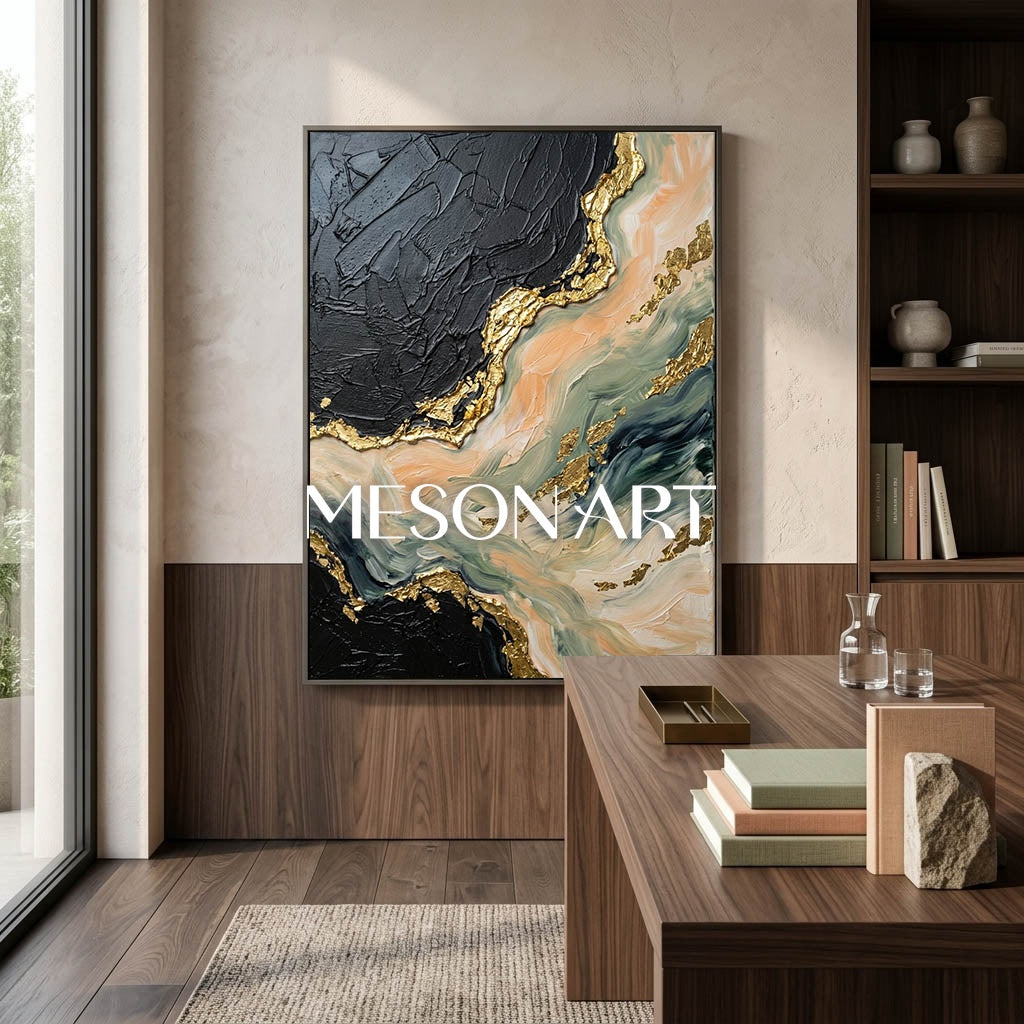 Gilded Tides Abstract Plaster Art With Gold Accents For Living Room Decor