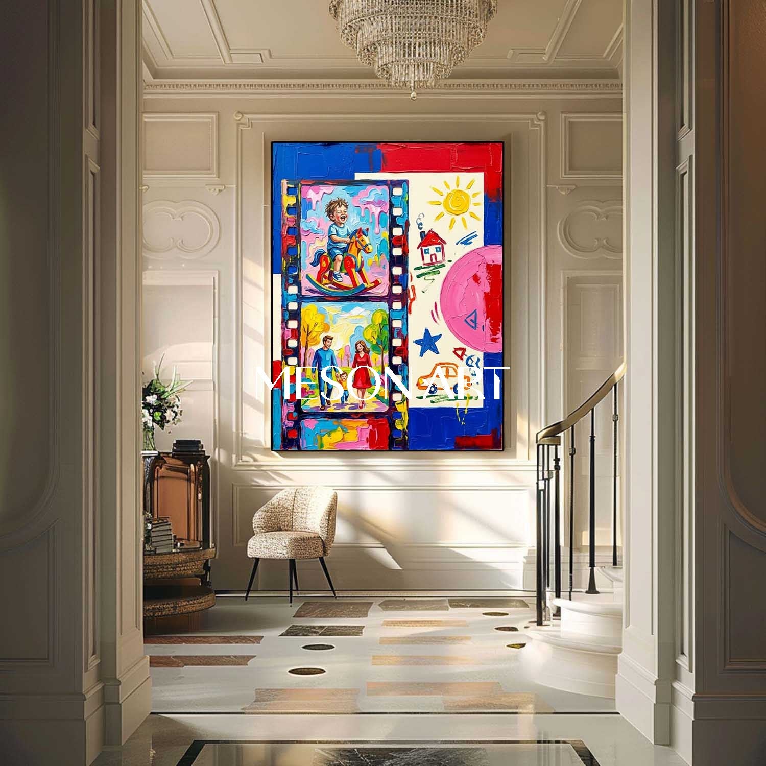 Vibrant Family Portrait Pop Art Painting With Film Strip Design For Kids Room Decor