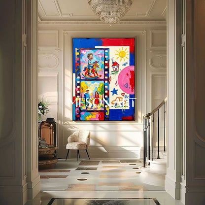 Vibrant Family Portrait Pop Art Painting With Film Strip Design For Kids Room Decor