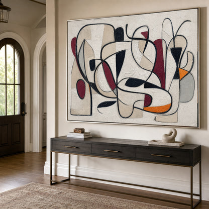 Arte murale orizzontale astratta con linee neutre beige e nere per l'arredamento del soggiorno moderno