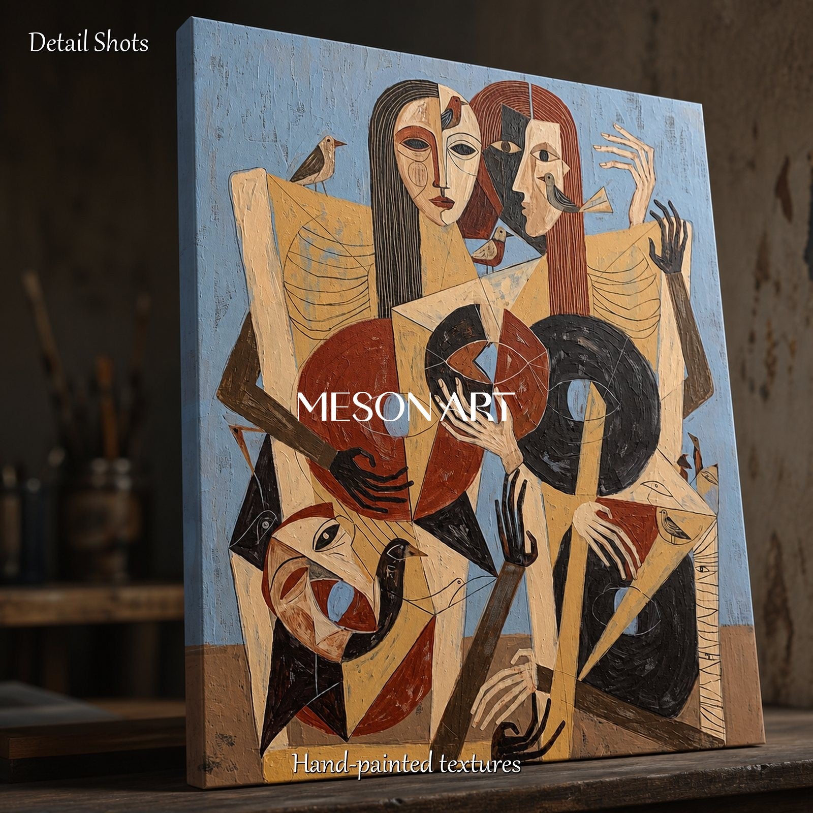 Beige And Blue Figurative Expressionist Art Rectangular Painting By Mesonart
