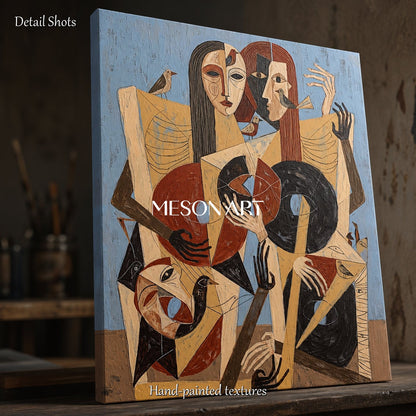 Beige And Blue Figurative Expressionist Art Rectangular Painting By Mesonart