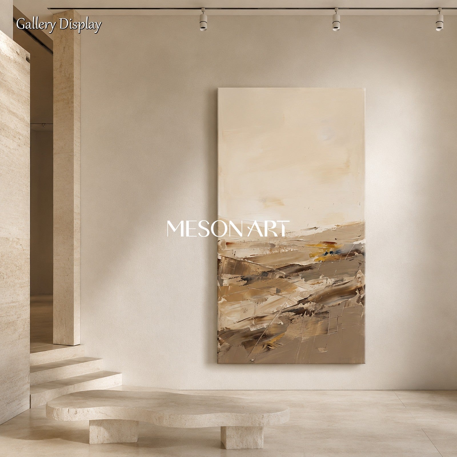 Beige And Gold Abstract Painting Panoramic Wall Art For Living Room By Mesonart