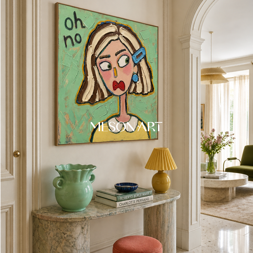 Colorful Pop Art Cartoon Portrait Painting With Textured Green Background For Modern Living Room Decor