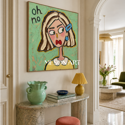 Colorful Pop Art Cartoon Portrait Painting With Textured Green Background For Modern Living Room Decor