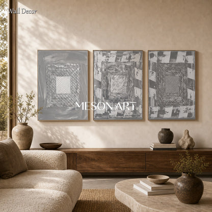 Gray Abstract Triptych With Textured Relief For Modern Living Room Decor